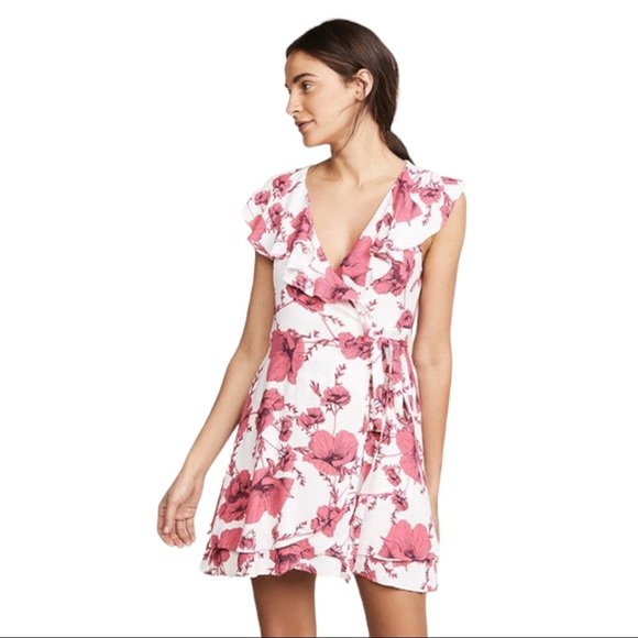 Free People French Quarter Floral Mini Wrap Dress Ruffle Short Sleeve Pink Large